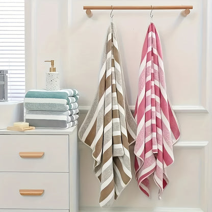 10-piece striped microfiber towel set includes 2 bath towels, 4 hand towels, and 4 washcloths. Perfect for home, hotel, and spa use due to their quick-dry and absorbent qualities.