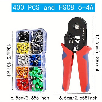 Crimping kit includes 300pcs-1200pcs single box VE tubular crimp terminals and pliers for cable electrical connectors, insulated wire connections.