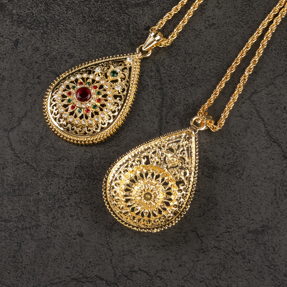 Stylish Antique Moroccan-Inspired Pendant Necklace featuring Intricate Hollow Carved Design, Crafted from Gold-Plated Zinc Alloy - Ideal for Weddings, Special Events & Everyday Wear