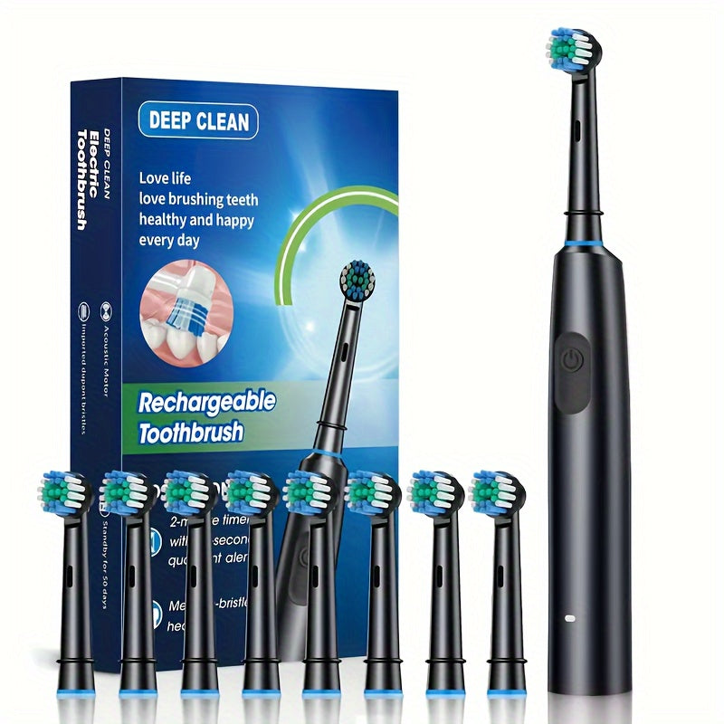 Upgrade your oral care with this adult electric toothbrush set. It includes 8 replacement heads, ultra-soft nylon bristles, and a 600mAh lithium battery with USB charging. It features a