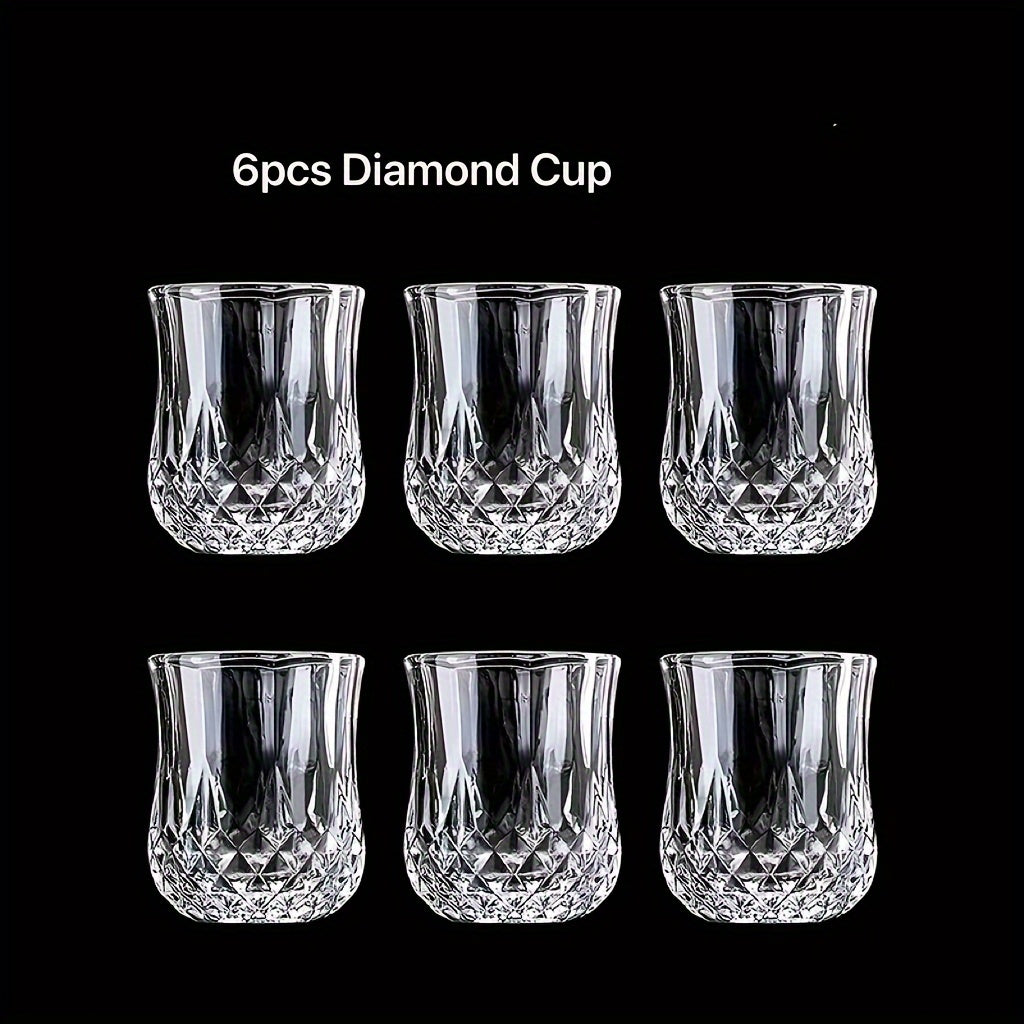 Set of 6 50ml diamond-cut glass shot glasses, perfect for family gatherings at the bar or KTV. Hand wash only.