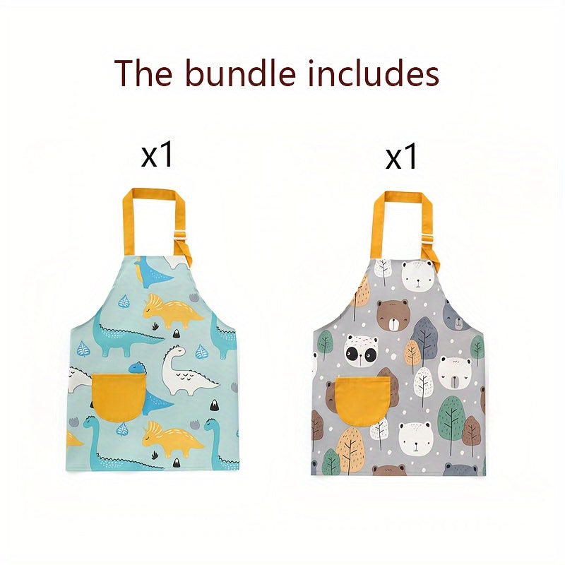 Two pieces of FunDesign Waterproof Kids Aprons with Pockets - Adjustable Polyester Artist Aprons perfect for Cooking, Baking, and Painting