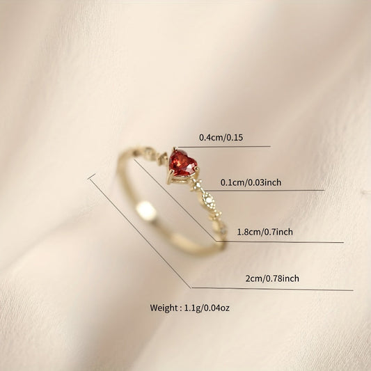 High quality jewelry accessory perfect for daily outfits or parties, featuring a heart-shaped 925 sterling silver ring with an inlaid scarlet zirconia and 14k gold plating.