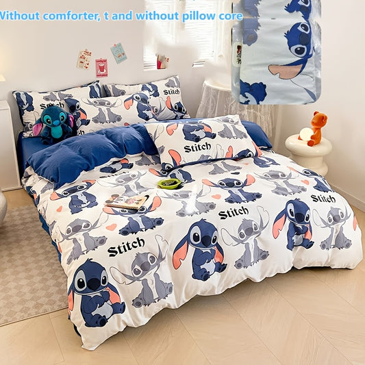 4-piece Stitch bedding set including duvet cover, flat sheet, and 2 pillowcases with cute character designs for bedroom decor.