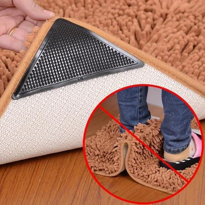 Triangle-shaped Rug Gripper Set of 4/8 Pieces - Washable, Anti-slip, Reusable Rubber Mats with Non-slip Patch Tape for Securing Tile Floors, Carpets, and Corners