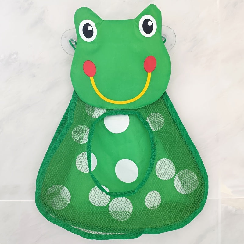 Large capacity mesh storage bag featuring cartoon animal designs, including a duck, frog, tiger, and panda. Comes in a 1-piece set with suction cups for hanging. Can be used for storing toys or other items. Measures 39.98 * 31.98 cm.