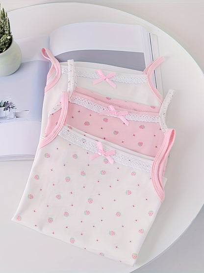 Set of 3 adorable bowknot tank tops for girls, featuring breathable cotton fabric, sleeveless design, and floral print. Ideal for year-round wear.