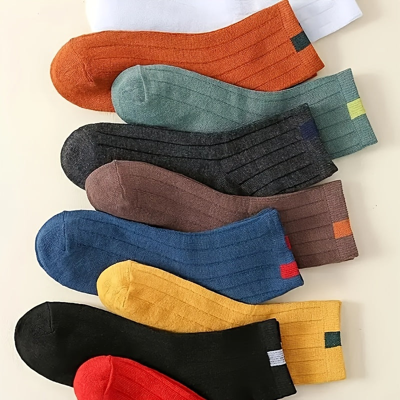 10 pairs of breathable striped mid-calf socks made from 100% polyester knit fabric for men and women.