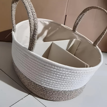 European-style woven storage basket with viewing window, ideal for organizing diapers, toys, and home essentials. Portable and versatile design for home organization needs.