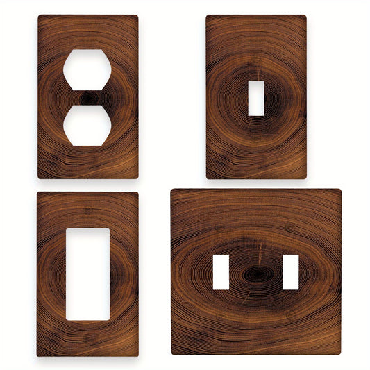 Wood wall panel with decorative light switch and socket cover featuring wood grain ring pattern. Easy to install indoors or outdoors without needing power.