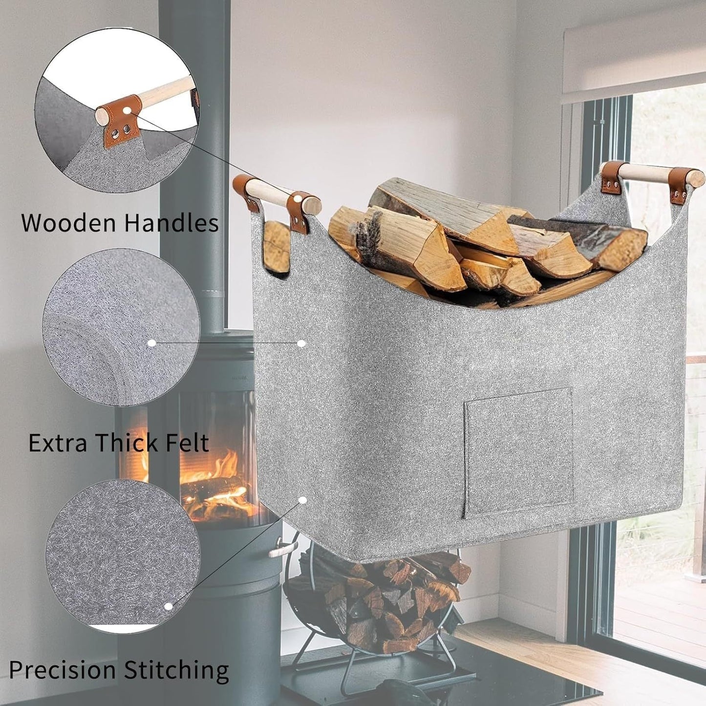 Durable PET material Large Grey Firewood Basket with Handles, Extra Thick Felt Wood Storage, Wall-Mounted Firewood Holder for Fireplace, 36kg/46L Capacity, Dimensions 45x40x32cm