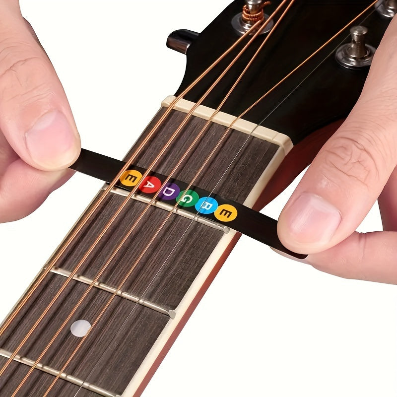 Colorful beginner guitar labels with notes and chord diagrams for acoustic guitars. Durable and easy-to-apply fretboard stickers, guitar accessories.