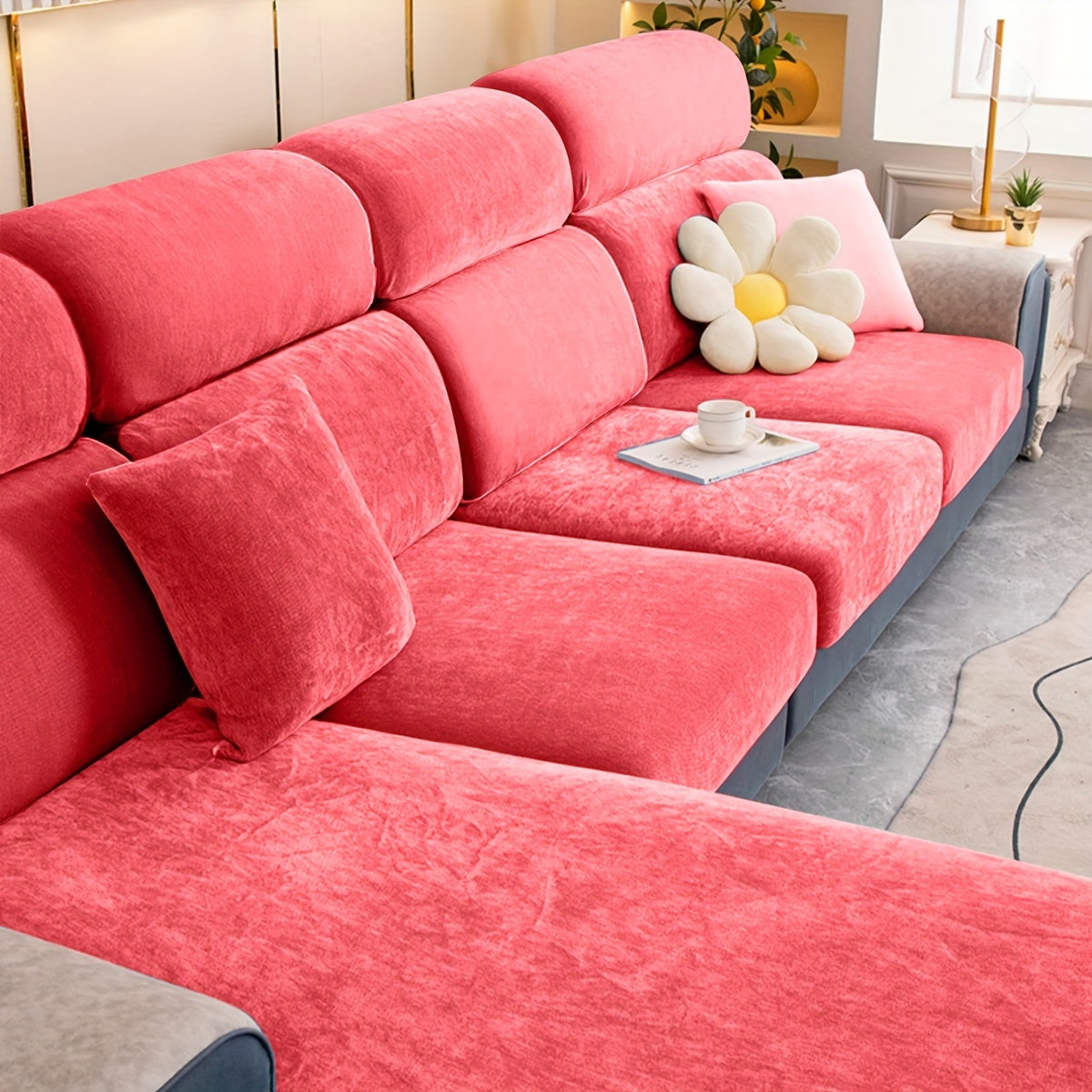 Velvet sofa cover for furniture protection and decoration in any room.