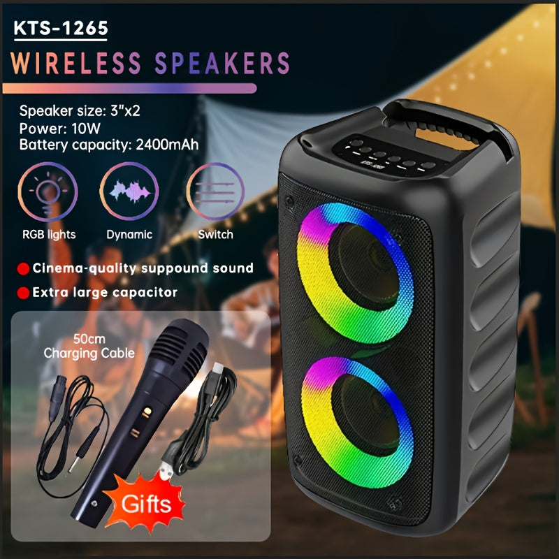 MOKiN 2024 Wireless Speaker with Subwoofer, Dual 10W Speakers, RGB Lights, FM Radio, 2400mAh Battery, Party Disco Light, TWS Connection, TF Card Slot - Black