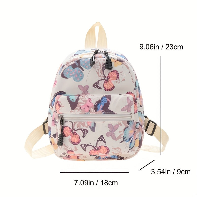 Playful butterfly-printed backpack for girls in preppy style with adjustable strap, white polyester lining. Hand wash or dry clean.