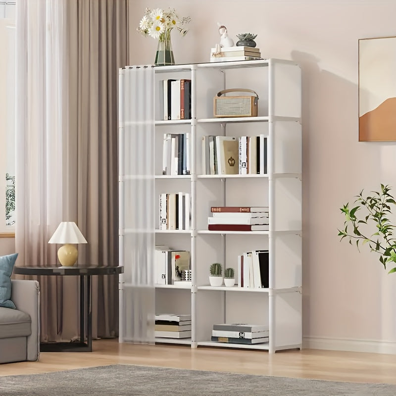 Simple to put together, this multi-layer storage organizer is made of metal and has dustproof shelving. It is perfect for use in bedrooms, classrooms, rentals, and dorm rooms. The freestanding closet system has over 3.2 cubic feet of enclosed storage