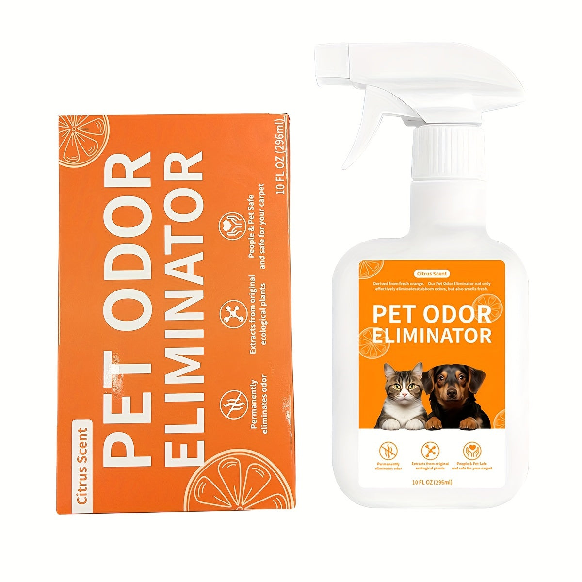 Enzymatic pet odor eliminator spray for dog and cat urine, stains, and smells. Can be used on carpets, upholstery, hardwood, tile, artificial grass, garbage cans, diaper pails, and laundry.