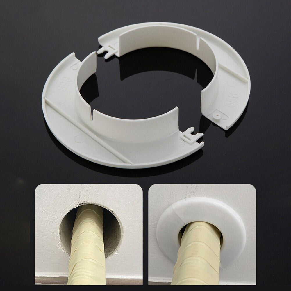 Set of four white plastic covers for air conditioner holes, made of PP material. These decorative caps are designed to protect wall-mounted pipes with hole sizes of 5.0cm, 5.99cm, 7.01cm, and 8.0cm.