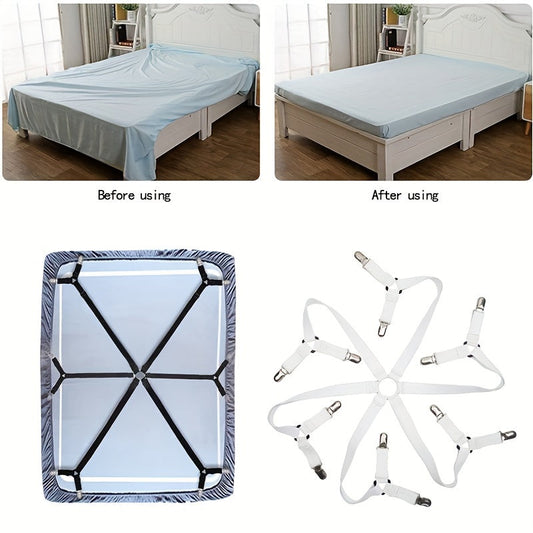 This adjustable elastic bed sheet strap features 12 non-slip clips, ideal for use at home or in hotels. It comes in white.