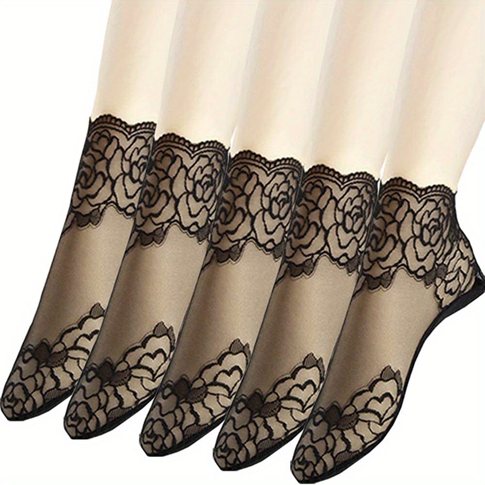 5 pairs of women's invisible boat socks featuring geometric-pattern lace floral trim, made of 95% polyester and 5% spandex knit fabric. Hand washable with contrast lace ankle socks.