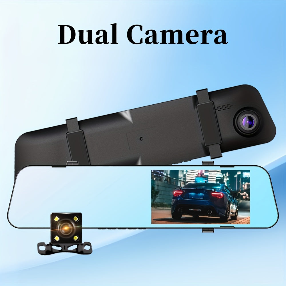 5-inch screen dash camera for cars with front and back recording, loop recording, and wireless capabilities. Mirror dash cam with DVR.