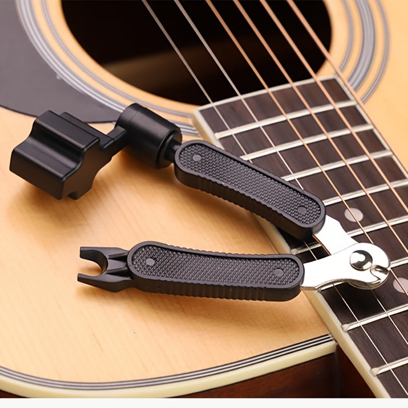 Multifunctional guitar pin winder tool for adjusting and repairing guitar strings, suitable for various string instruments.