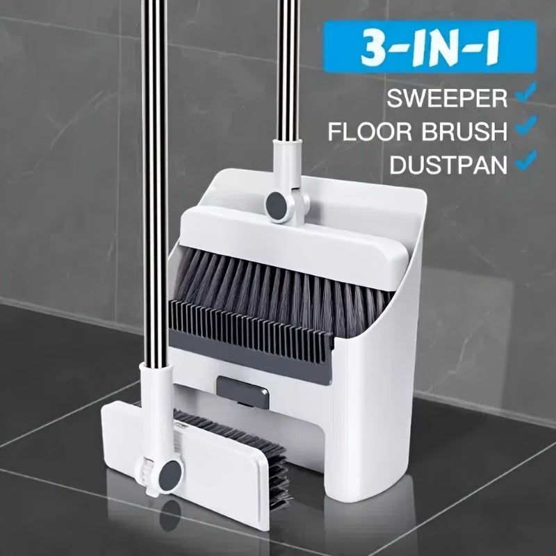 3-in-1 foldable broom and dustpan set with unflagged bristle sweep brush suitable for multi-surface cleaning in home and dorm rooms.