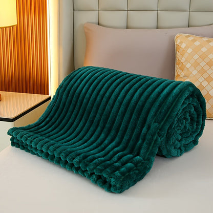 This luxurious Contemporary Green Striped Throw Blanket is crafted from soft and warm velvet knit, making it perfect for all seasons. It is designed with a simple striped pattern and has no embellishments, giving it a sleek and modern look. Made from