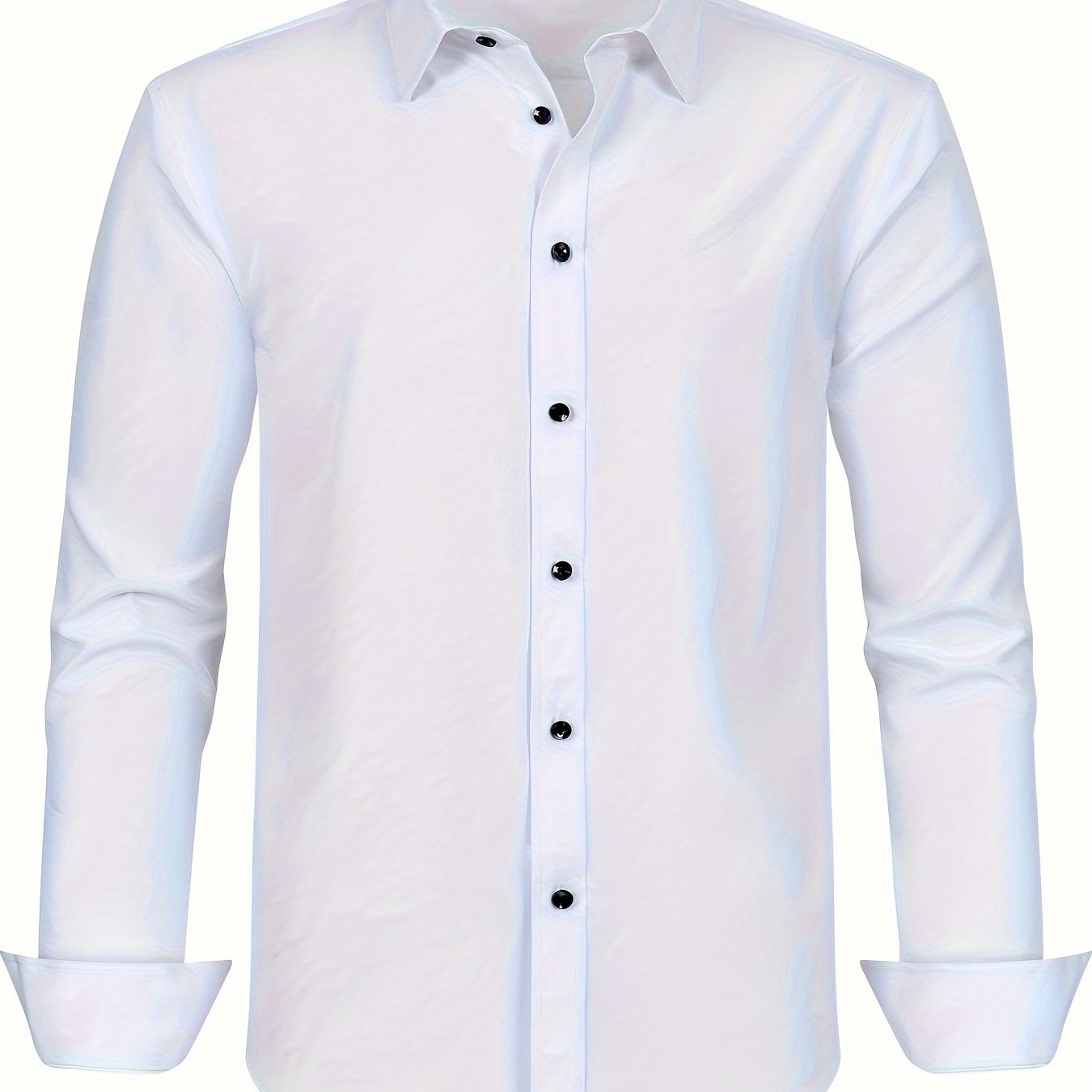 Men's plus size dress shirt in solid color with square collar, regular fit, made from all-season polyester with slight stretch. Features button details and woven fabric, weighing 120g/m².