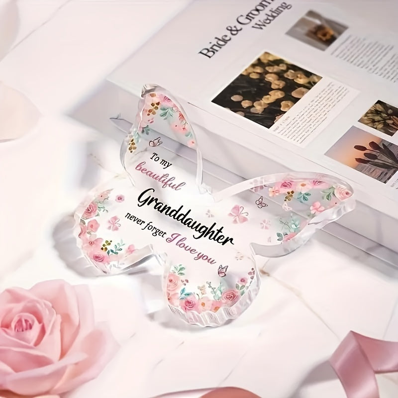 Engraved Granddaughter Love Message on Acrylic Butterfly Memorial Plaque, including a Polished Vertical Document Frame and Plastic Desk Decor. This Sentimental Gift is perfect for Birthday, Mother's Day, Spring, Easter, and is Suitable for Ages 14+.