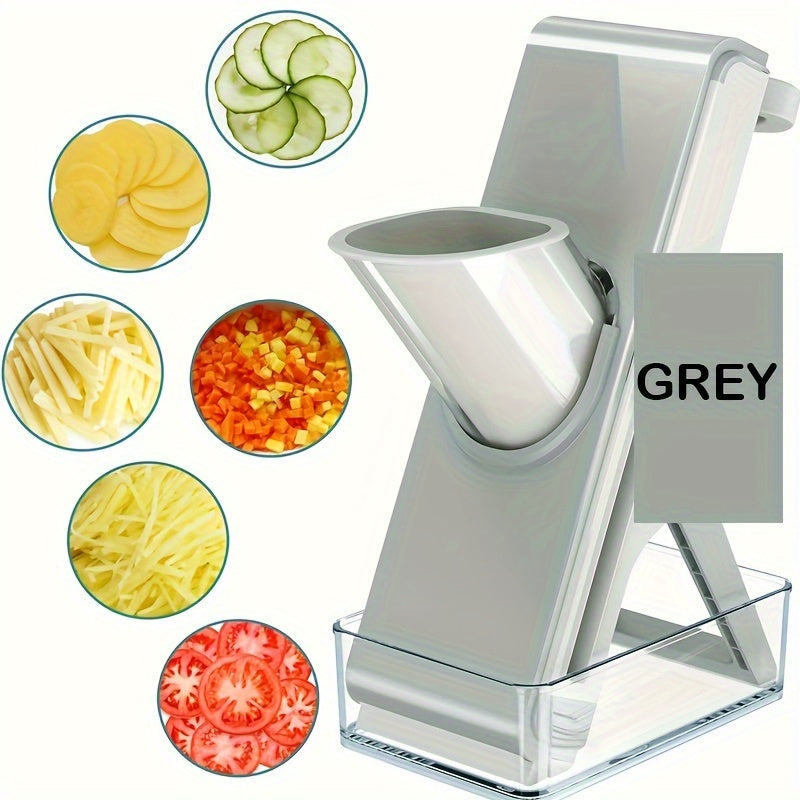 A versatile kitchen tool, the vertical mandoline slicer comes with three interchangeable blades for adjustable slicing thickness. This slicer also includes a convenient container for easy storage of sliced fruits and vegetables. Designed for cutting a