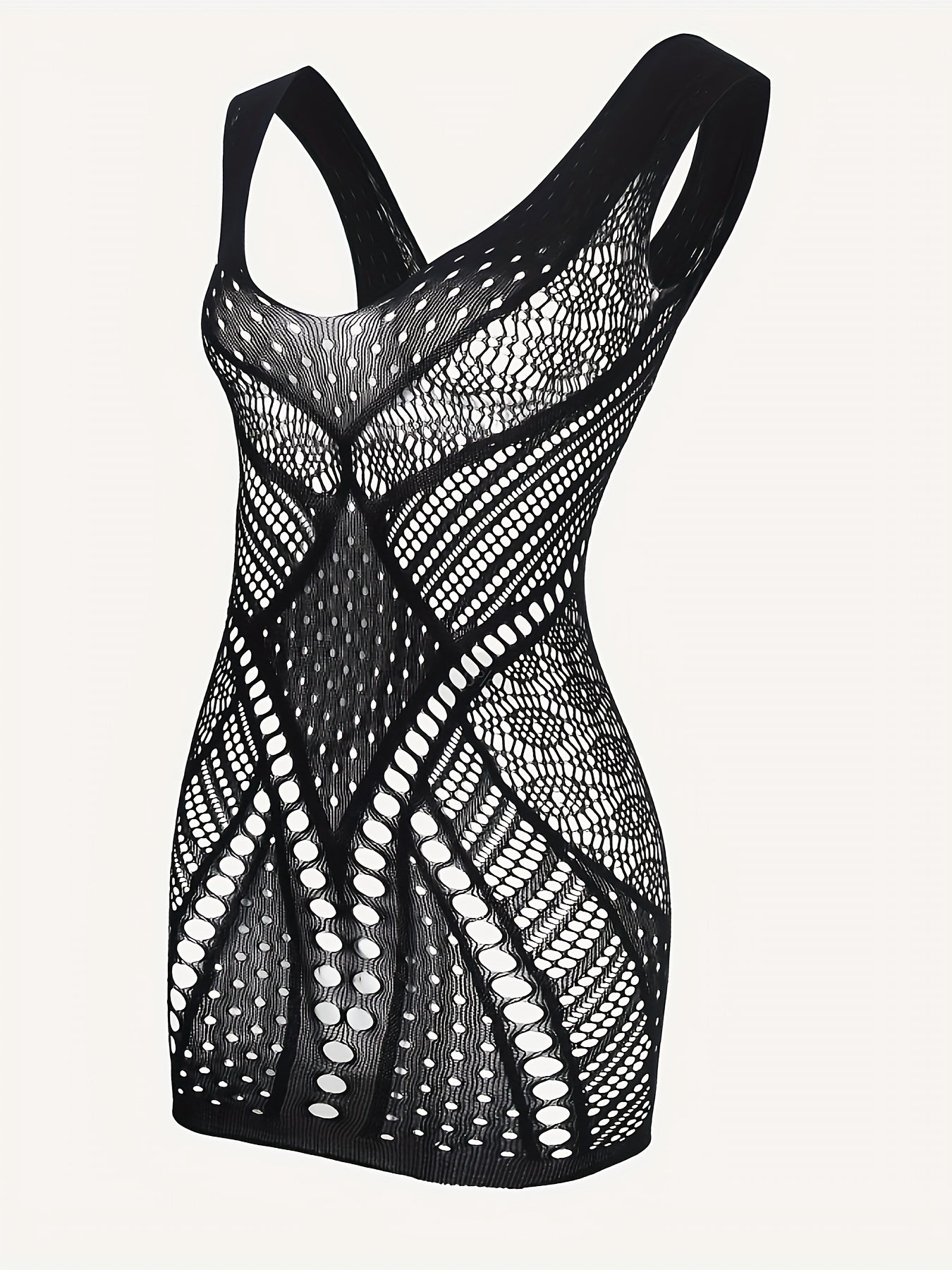 Sultry see-through mesh dress with plunging neckline, perfect for sexy lingerie or underwear.