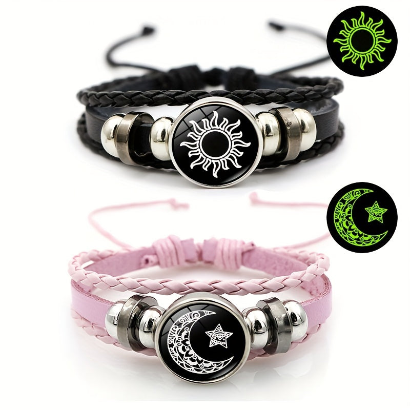 Set of 2 New Luminous Sun Moon Lover Time Gemstone Bracelets for Women and Men, Retro Punk Handmade Multi-layer Beaded Weaving PU Leather Bracelets, Perfect Couple Gift.