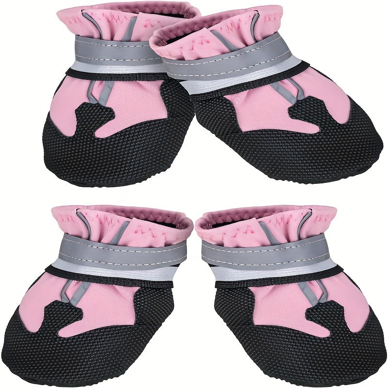 4 waterproof dog boots with reflective straps keep your dog's paws safe and dry.