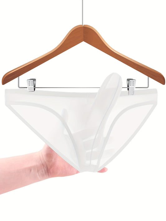 Men's Sexy Solid Color Thongs - Nylon-Elastane Blend, Semi-Sheer with Wooden Hanger Display, Hand Washable