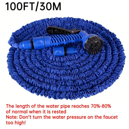 Magic Retractable Garden Hose with High Pressure and Multi-Function capabilities, includes extendable nozzle, rubber material, connectors, cleaning tool, and dust removal. Comes in