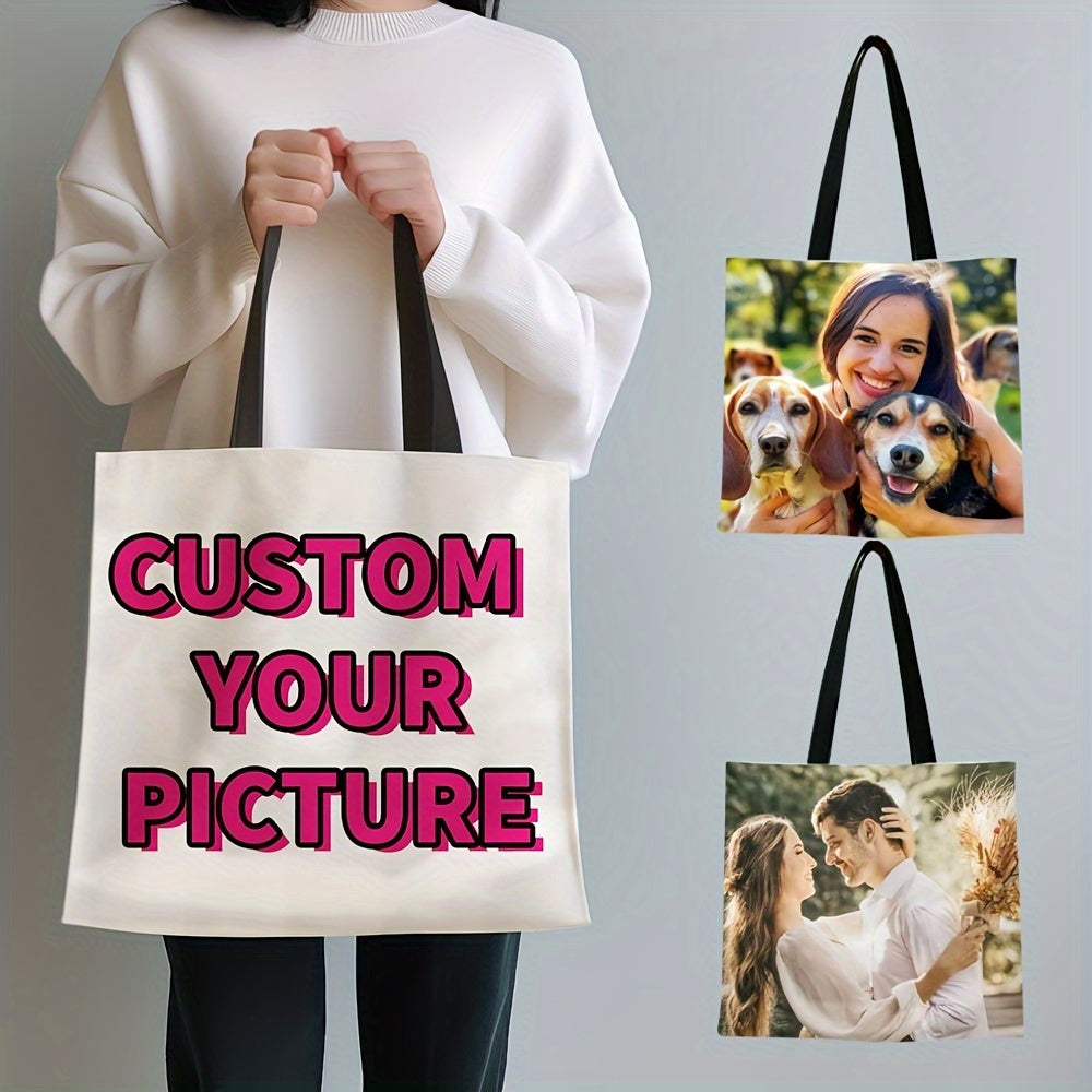 Personalized reusable tote bag with customizable photo and text, foldable design, made of polyester in mixed colors.