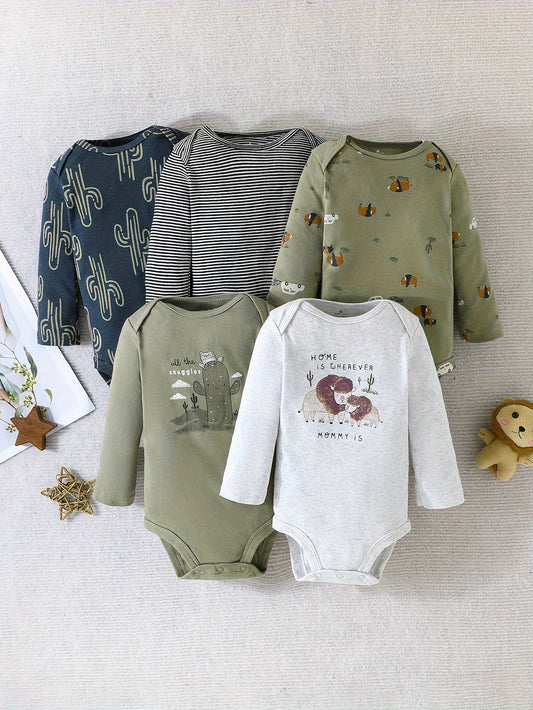 Cactus Pattern Cotton Bodysuit, 5pcs for Baby Boys, Ideal for Spring & Fall Outdoors