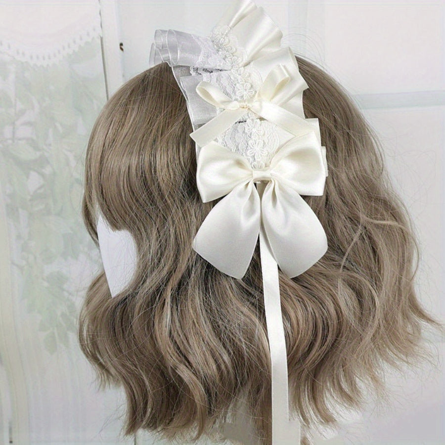 Ruffled Lace Ribbon Bow Headband with Hairpins in Contrasting Colors - Anime Maid Inspired Hair Accessory