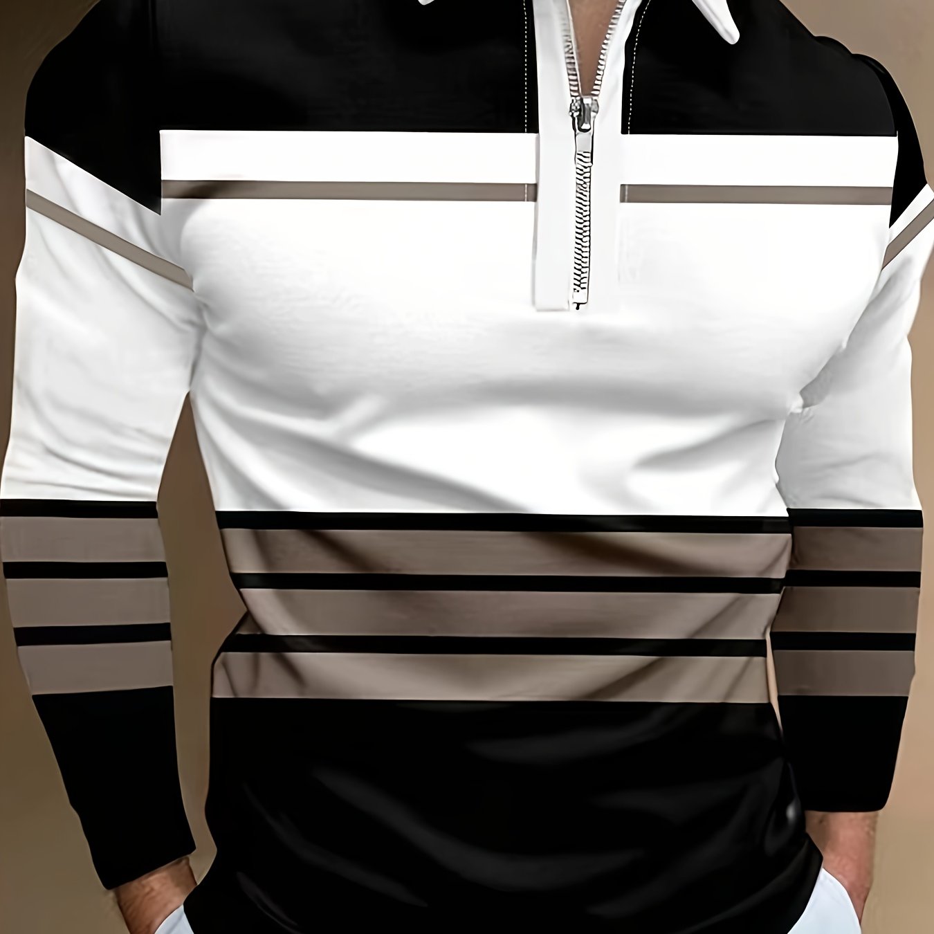 Men's long-sleeve striped print casual polo shirt with zipper and fashionable collar.