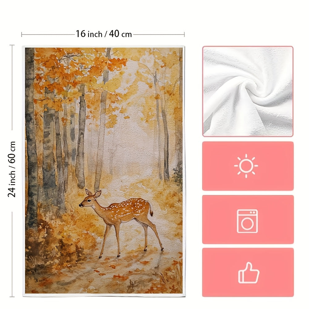 Two pieces of incredibly soft kitchen towels featuring a serene forest and deer scene. These highly absorbent dish hand towels are machine washable and measure 40.64x60.96 cm. Perfect for holiday decor and drying dishes.