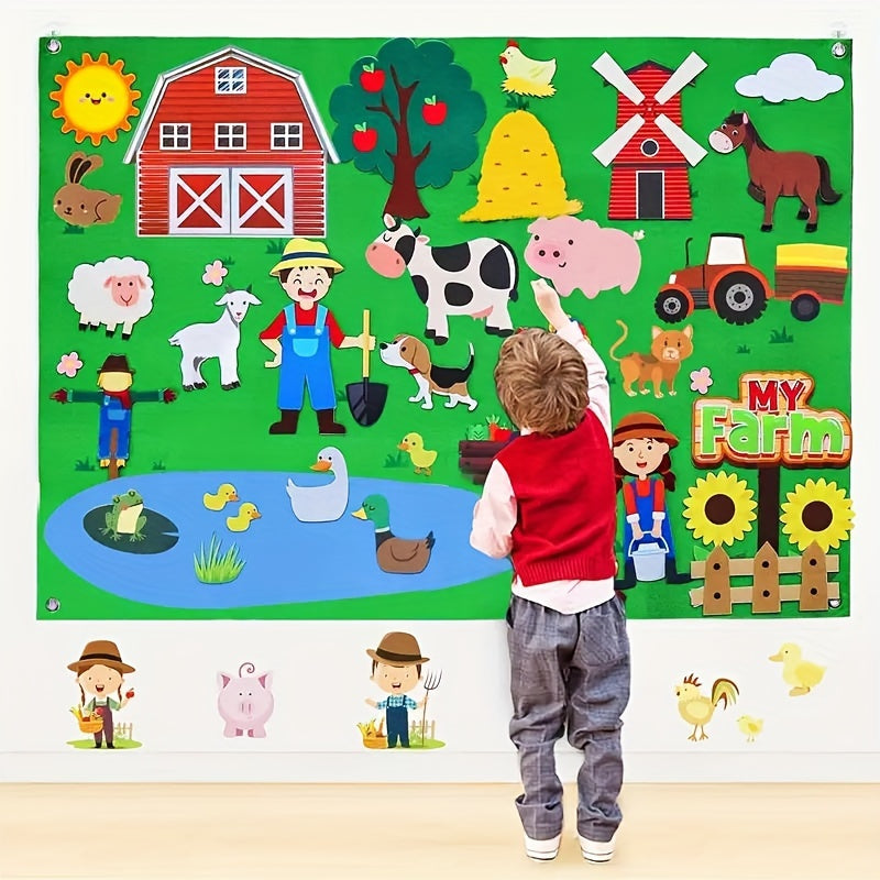 WATINC 38-piece Farm Animal Story Felt Board Set for Interactive Toddler Storytelling, Early Learning Wall-Hanging Kit for Nursery Farmhouse Theme.