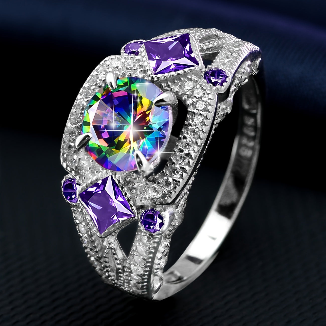 A stunning S925 Sterling Silver Ring with 24K Golden Plating, adorned with vibrant Multicolor Cubic Zirconia and Purple Gemstones - Perfect for Weddings, Parties, or as a Valentine's Day Gift. Includes a luxurious gift box, crafted with high-quality