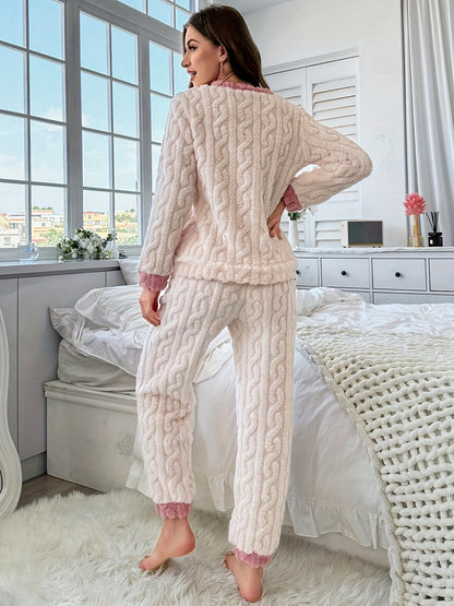 Thick fleece pajama set for women with star pattern, round neck top and pants, perfect for fall and winter.