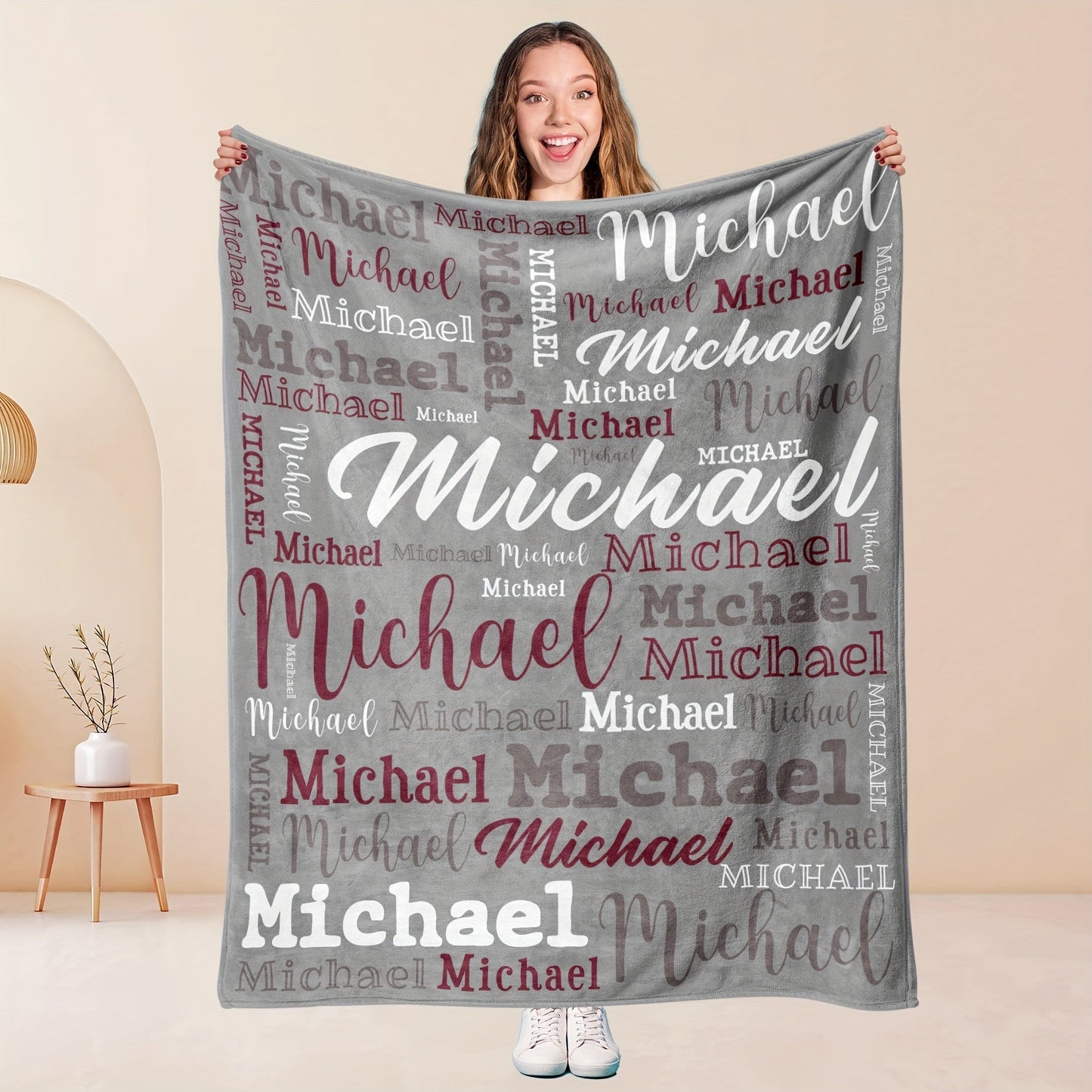 Personalized Big Name Blanket by QOGOER made from an ultra-soft 100% polyester flannel knit fabric, featuring high-quality digital printing in a mixed color design that is suitable for all seasons.