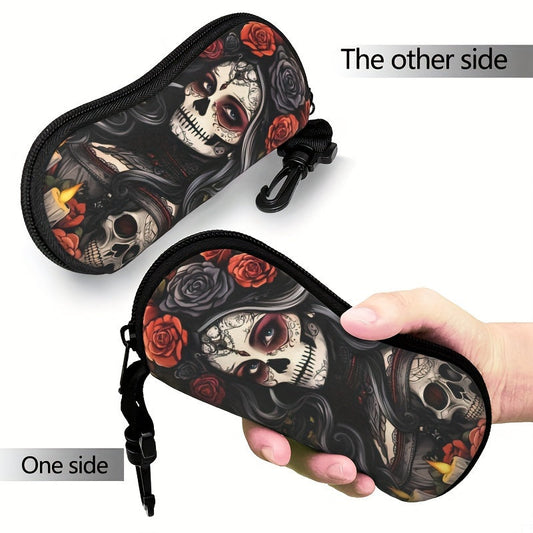 Fashionable Ultra-Light Sugar Skull Glasses Case with Zipper - Durable Rubber Protector for Stylish Men and Women's Eyewear