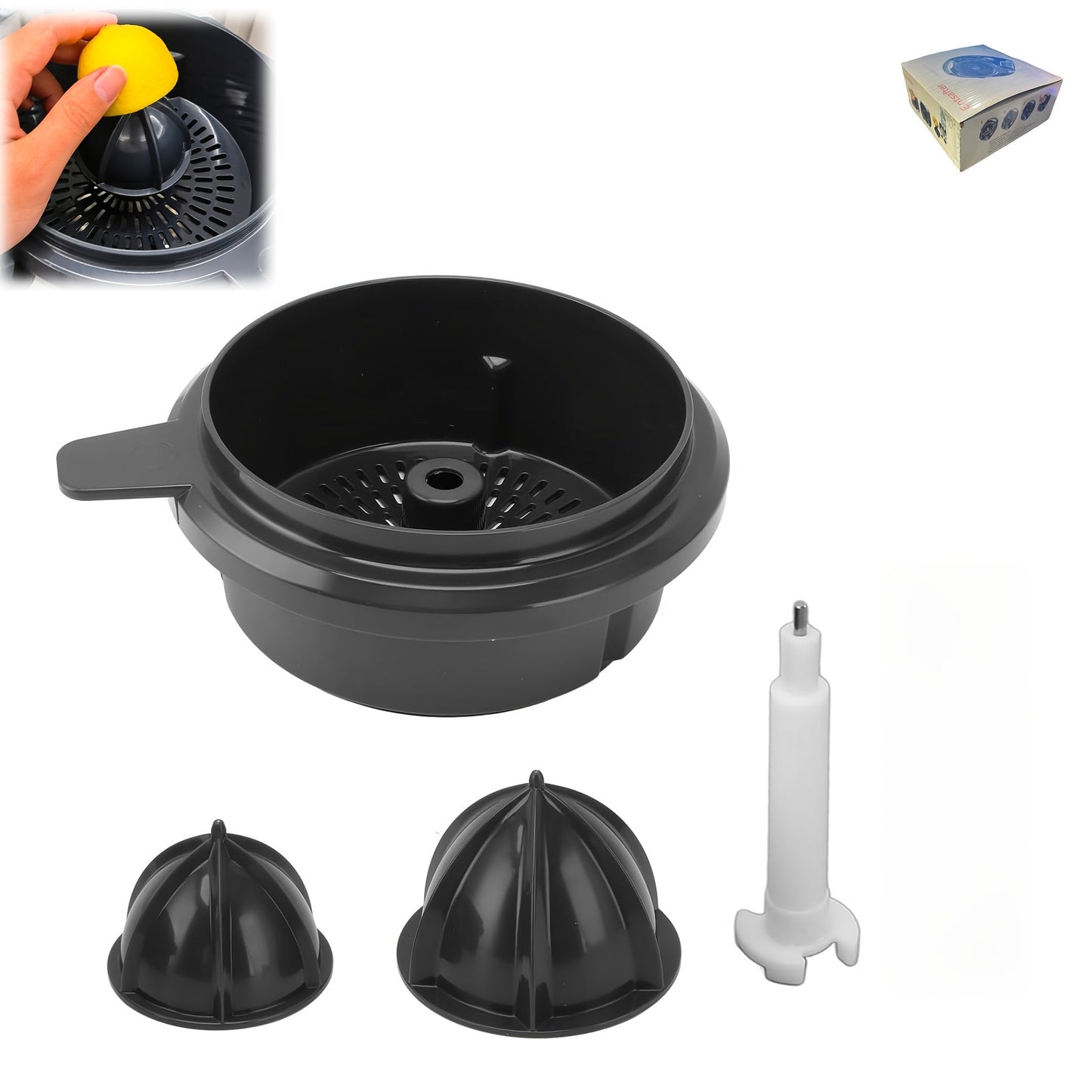 Set of accessories for manual lemon squeezing made of plastic, with detachable cone and handle to extract citrus juice safely. Compatible with standard juicers.