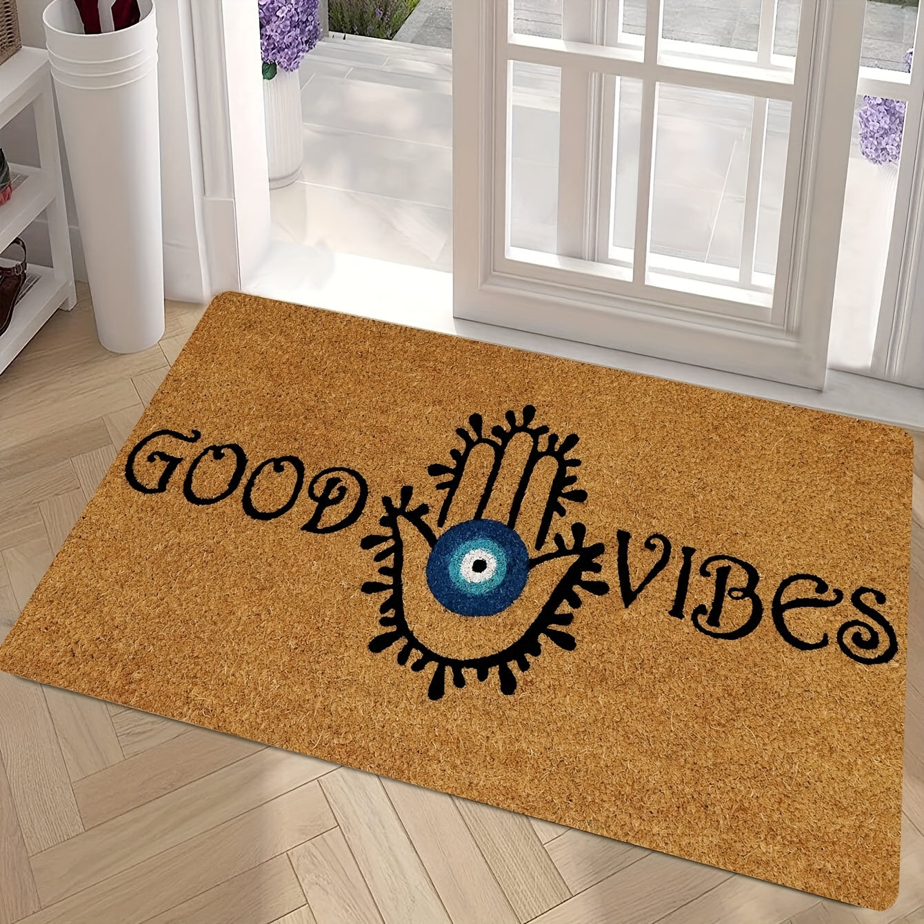 Durable Polyester Evil Eye Welcome Door Mat with Non-Slip Backing - Easy to Clean Entrance Rug for Indoor and Outdoor Use, Stain Resistant