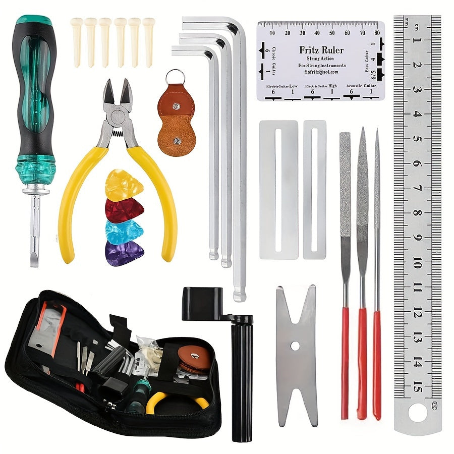 26-piece guitar repair tool kit with wire pliers, string organizer, fingerboard protector, hex wrenches, files, string action ruler, and spanner.