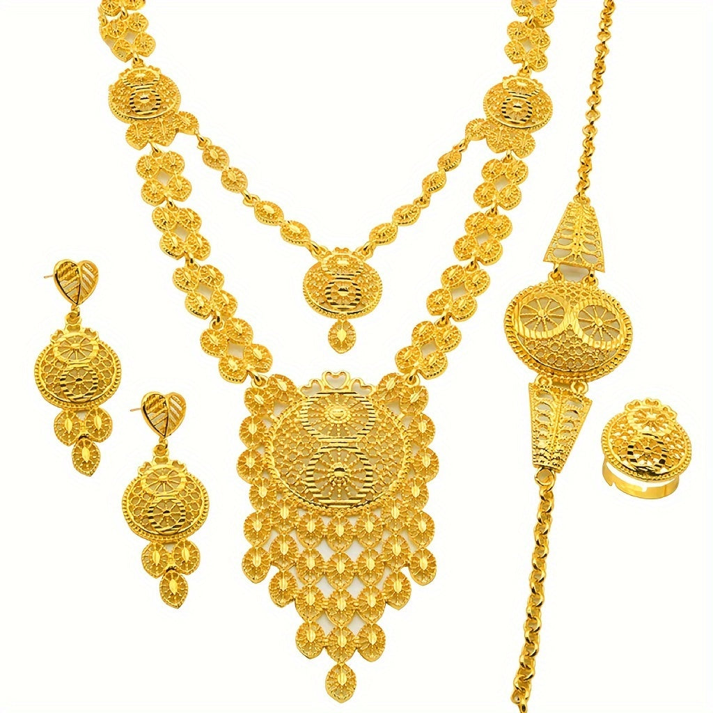 Extravagant 5-Piece Gold-Tone Jewelry Set with Intricate Hollow Carvings - Inspired by Bollywood Fashion, Includes Necklace, Earrings, Bracelet, and Ring - Ideal for Special Occasions like Weddings, Parties, and Ramadan Gifts for Women